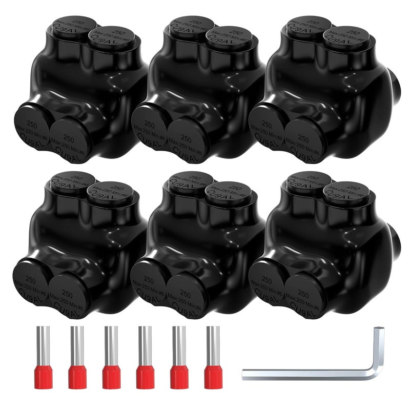 Joinfworld 2 Port Insulated Multi Tap Connector 250MCM-6AWG Aluminum to Copper Wire Connectors Dual Entry Black Electrical Cable Connectors with Slotted Allen Hex - 6 Pack - Image 1